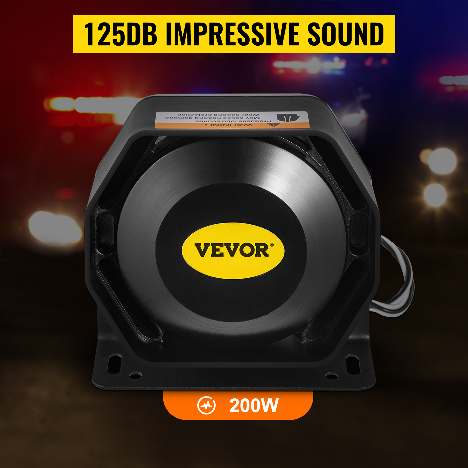 VEVOR emergency warning siren, 125db sound, 200w power with illuminated background.