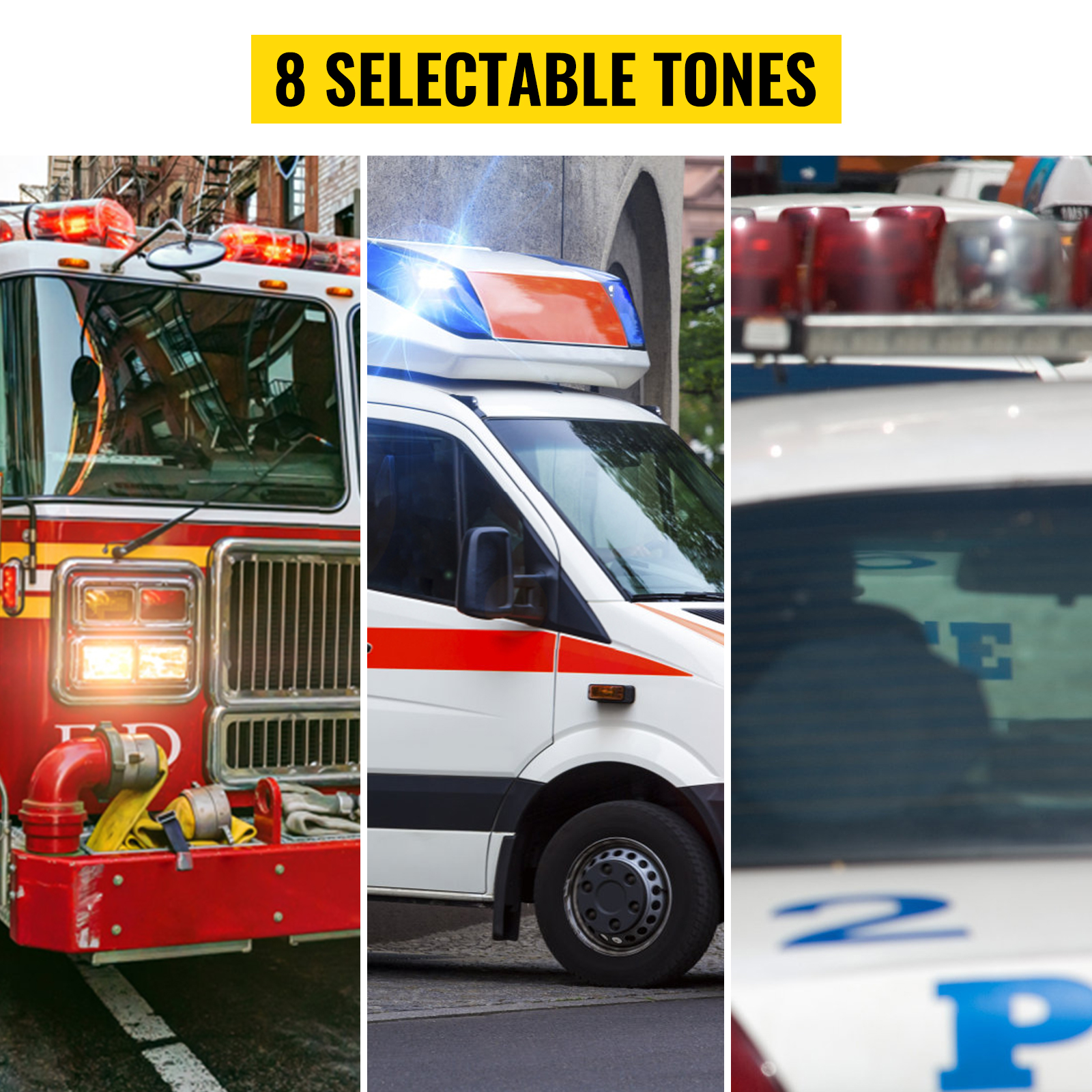 fire truck, ambulance, and police car with "8 selectable tones" VEVOR emergency warning siren.