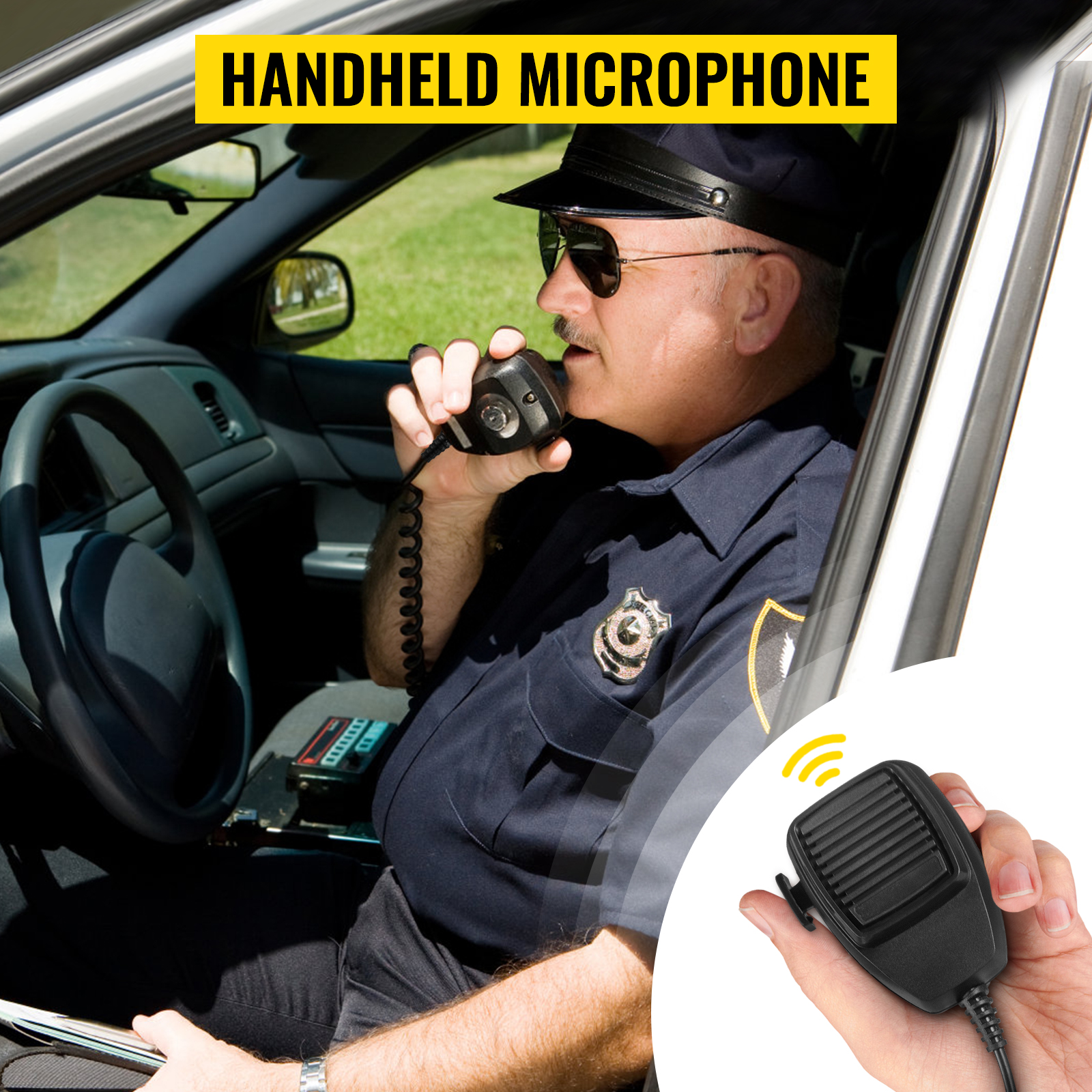 police officer using a handheld microphone with VEVOR emergency warning siren in vehicle.