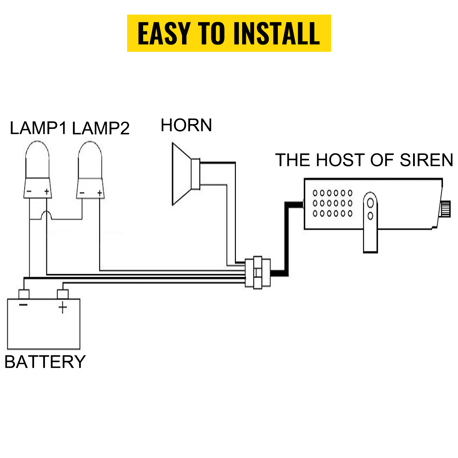 VEVOR emergency warning siren easy installation diagram with lamps, horn, host, battery.