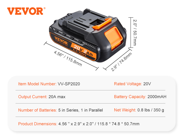 VEVOR 20v lithium-ion battery, 2000mah, 20a output, model vv-sp2020, 350g, dimensions 115.8x74.8x50.7mm.