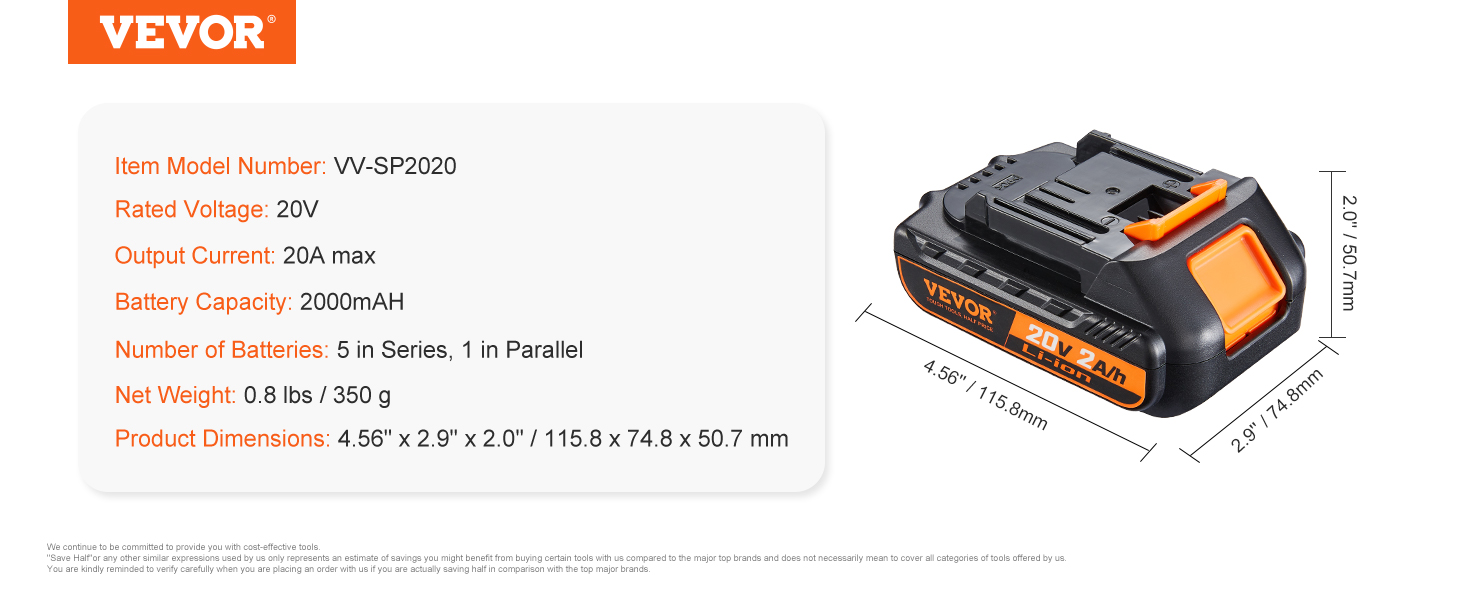 VEVOR 20v lithium-ion battery, 2000mah, 20a output, model vv-sp2020, 350g, dimensions 115.8x74.8x50.7mm.