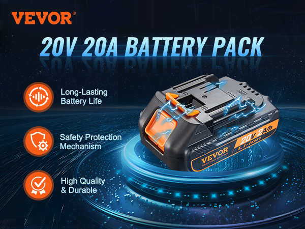 VEVOR 20v lithium-ion battery pack featuring long-lasting life, safety protection, high quality durability.