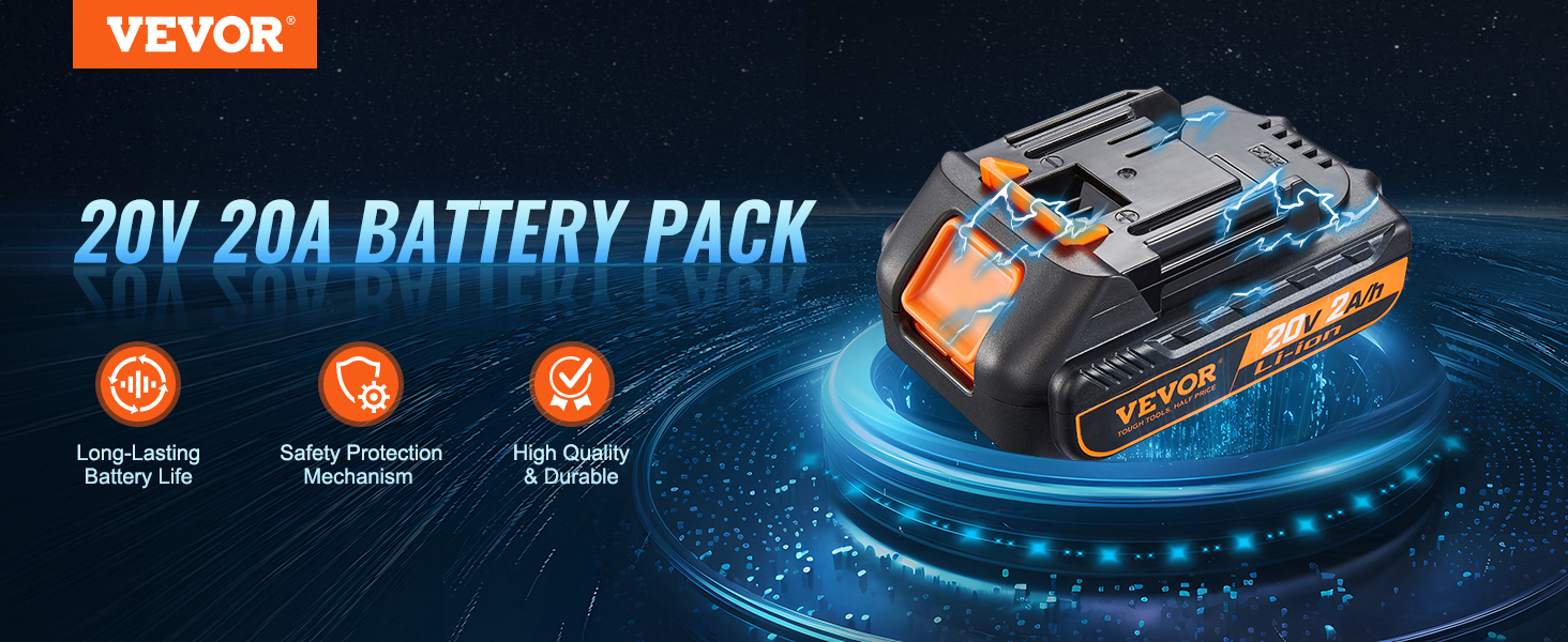 VEVOR 20v lithium-ion battery pack featuring long-lasting life, safety protection, high quality durability.