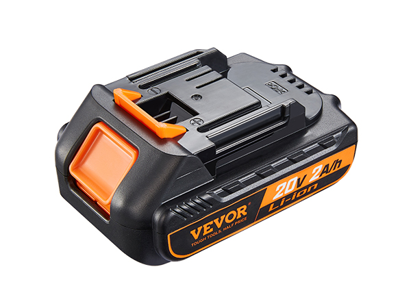 VEVOR 20v lithium-ion battery with orange accents, 2a capacity, and a compact design.