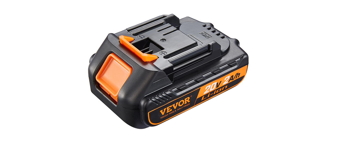 VEVOR 20v lithium-ion battery with orange accents, 2a capacity, and a compact design.