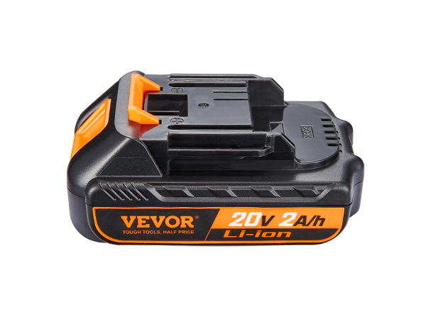 VEVOR 20v lithium-ion battery in black and orange with 2ah capacity, featuring a compact design.