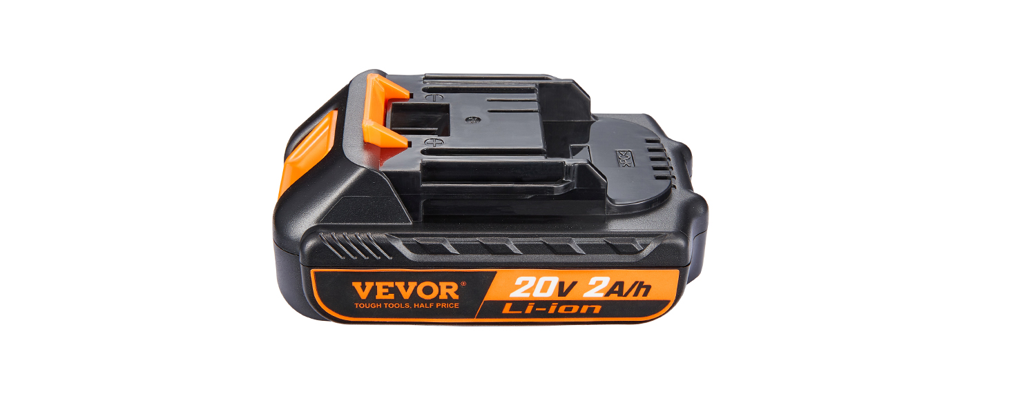 VEVOR 20v lithium-ion battery in black and orange with 2ah capacity, featuring a compact design.