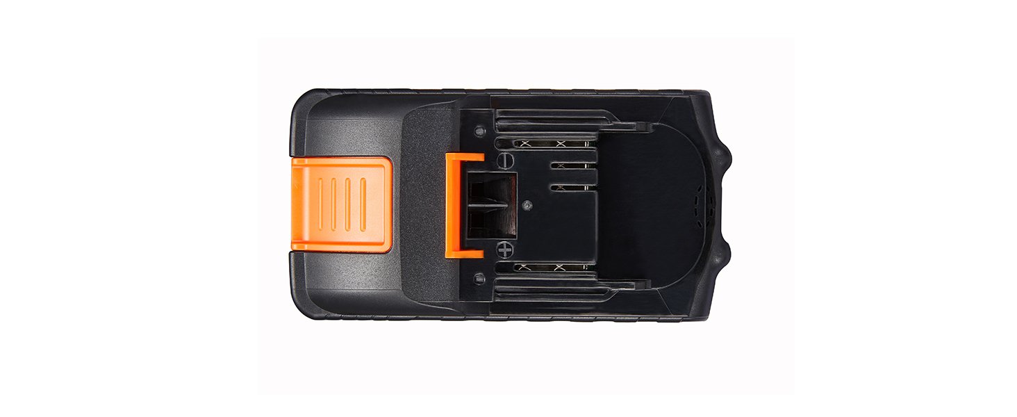 VEVOR 20v lithium-ion battery with an orange release button in a black and orange casing