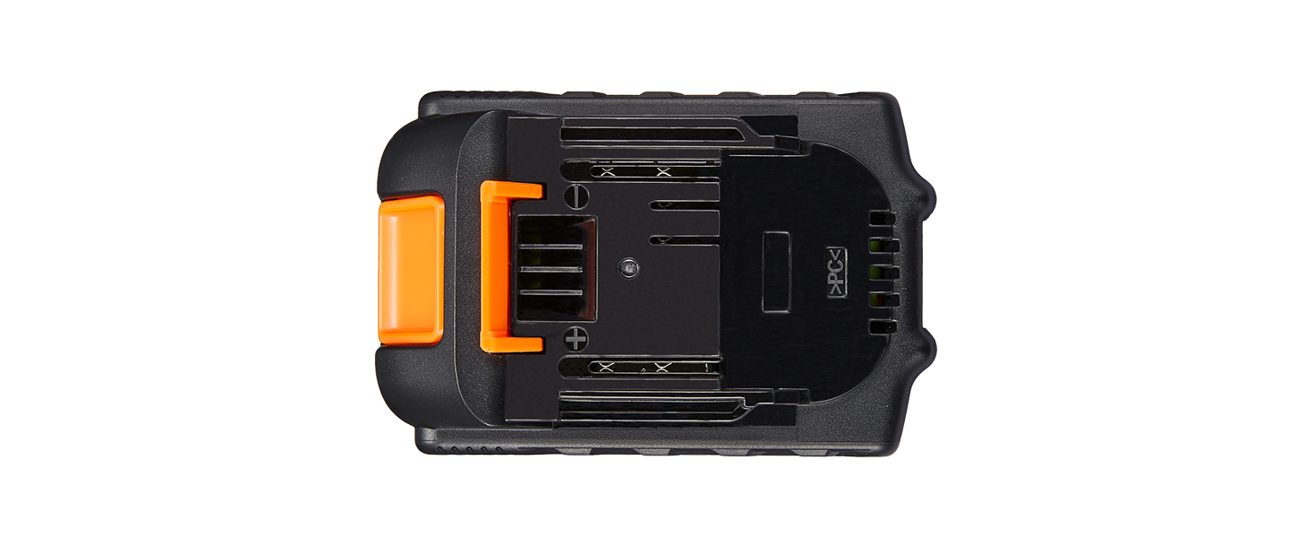 top view of VEVOR 20v battery, featuring black casing and orange latch.