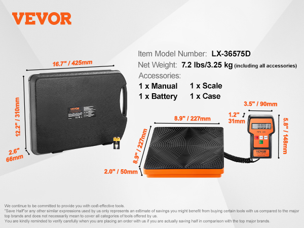 VEVOR refrigerant scale with case, digital display, dimensions, model lx-36575d, 7.2 lbs.