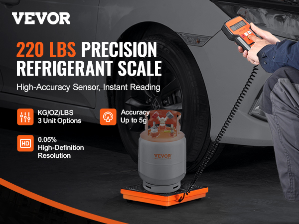 VEVOR refrigerant scale with high-accuracy sensor, instant readings, and 220 lbs precision capacity.