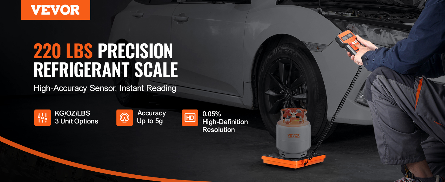 VEVOR refrigerant scale with high-accuracy sensor, instant readings, and 220 lbs precision capacity.