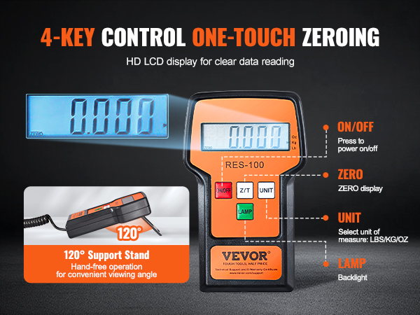 VEVOR refrigerant scale with 4-key control, 120° support stand, and hd lcd for clear readings.