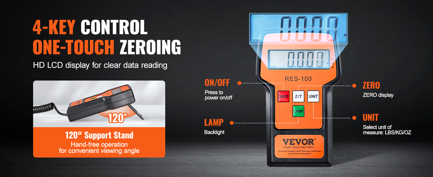 VEVOR refrigerant scale with 4-key control, 120° support stand, and hd lcd for clear readings.