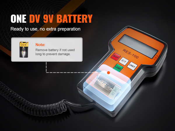 VEVOR refrigerant scale with one dv 9v battery, ready to use, featuring the res-100 device.