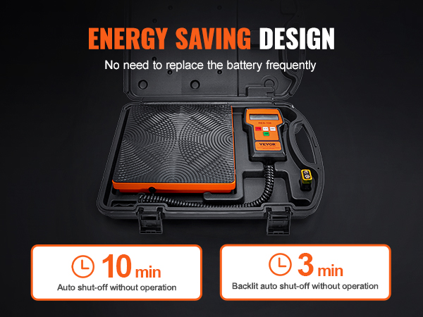 VEVOR refrigerant scale in a hard case with energy-saving design details.