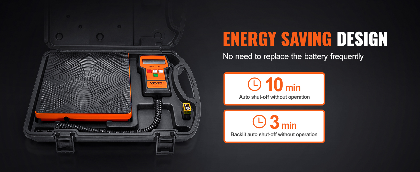 VEVOR refrigerant scale in a hard case with energy-saving design details.