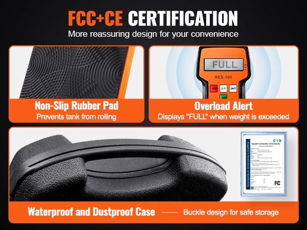 VEVOR refrigerant scale with non-slip rubber pad, overload alert, and waterproof case; fcc+ce certified.