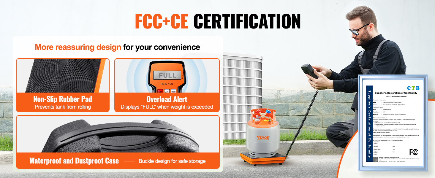 VEVOR refrigerant scale with non-slip rubber pad, overload alert, and waterproof case; fcc+ce certified.