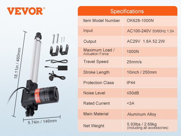 VEVOR 24v linear actuator ok628-1000n with specifications, accessories, and dimensions.