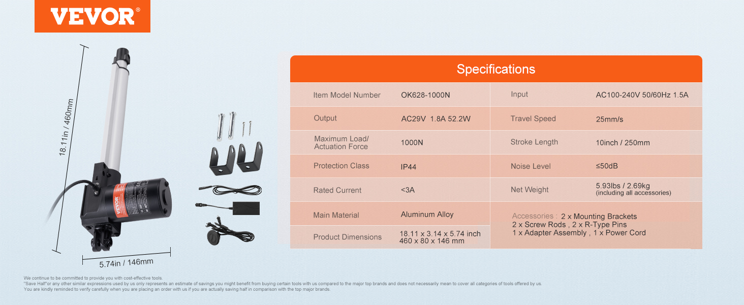 VEVOR 24v linear actuator ok628-1000n with specifications, accessories, and dimensions.