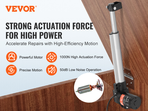 VEVOR 24v linear actuator with powerful motor, precise motion, 1000n force, and 50db low noise operation.