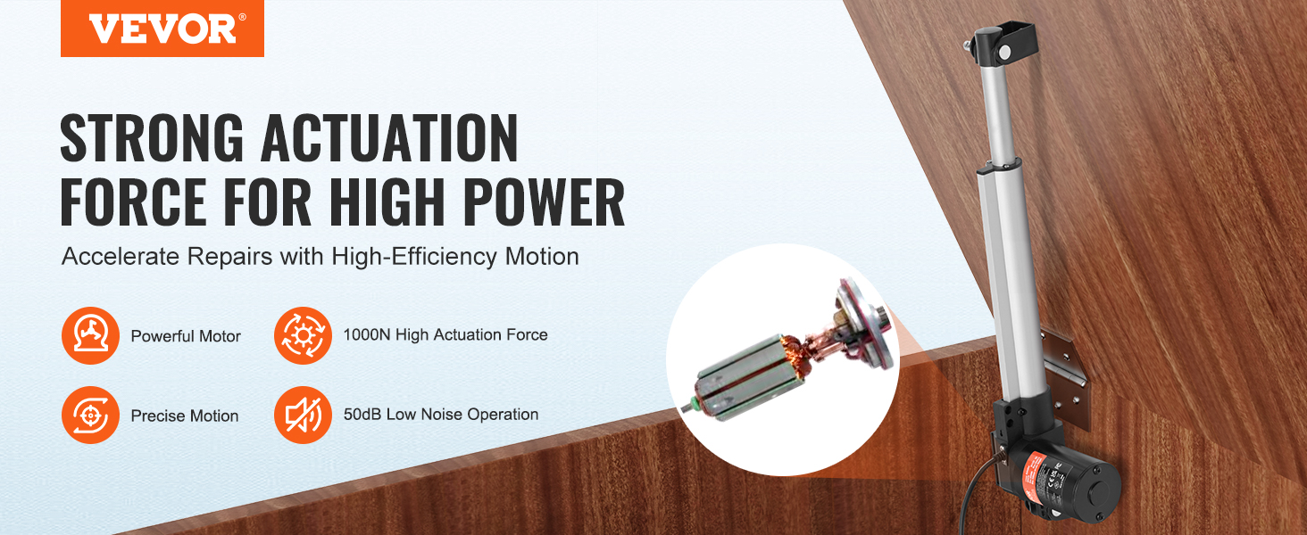 VEVOR 24v linear actuator with powerful motor, precise motion, 1000n force, and 50db low noise operation.