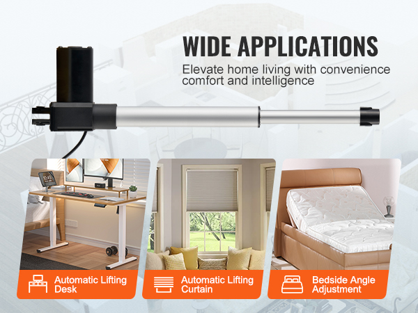 VEVOR 24v linear actuator enhancing home with lifting curtain, height-adjustable desk, bed angle adjustment.