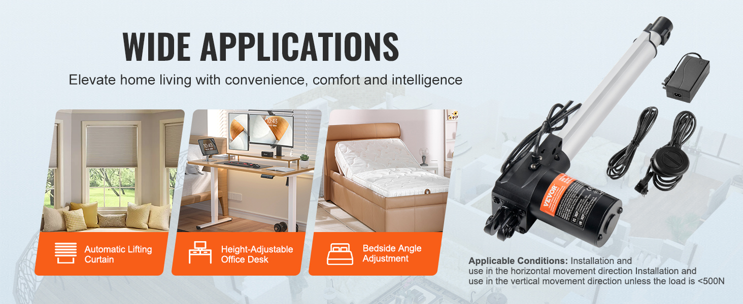 VEVOR 24v linear actuator enhancing home with lifting curtain, height-adjustable desk, bed angle adjustment.