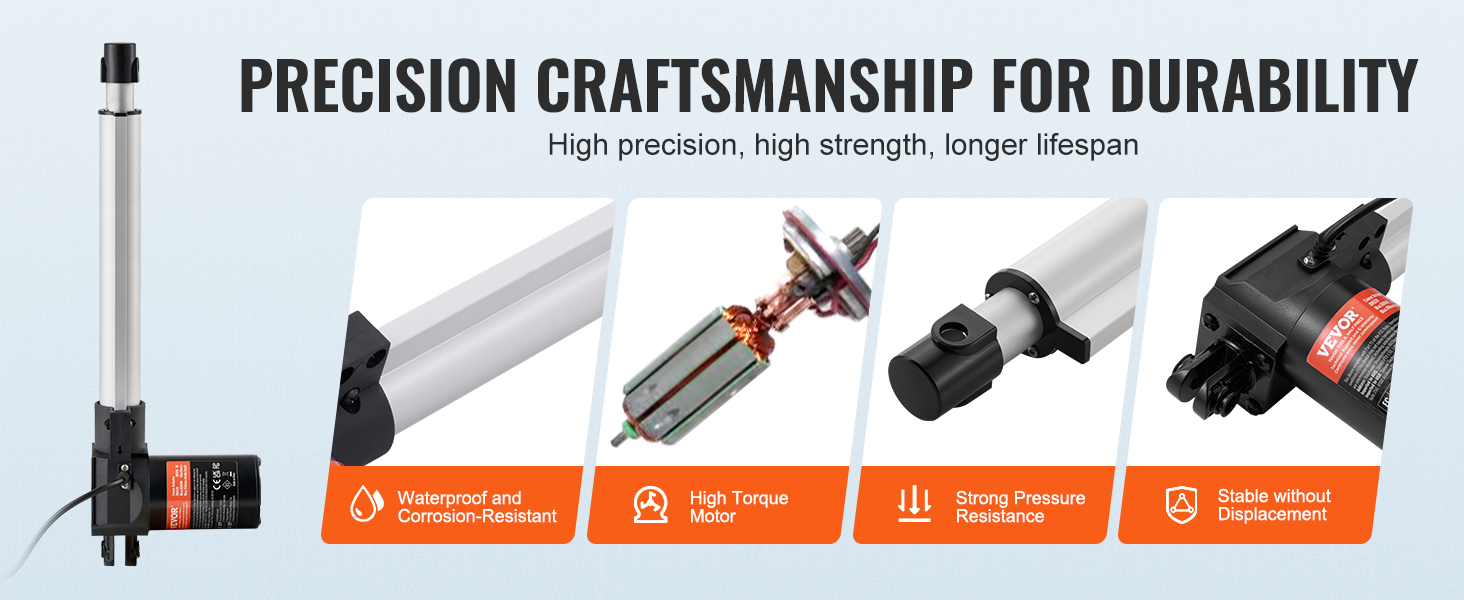 VEVOR 24v linear actuator showing durability, high torque motor, and waterproof, corrosion-resistant design.