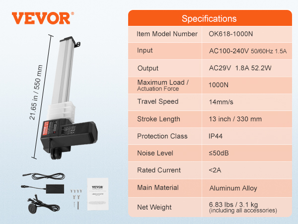 VEVOR 24v linear actuator kit, with specifications and included accessories. dimensions: 21.65 inches.