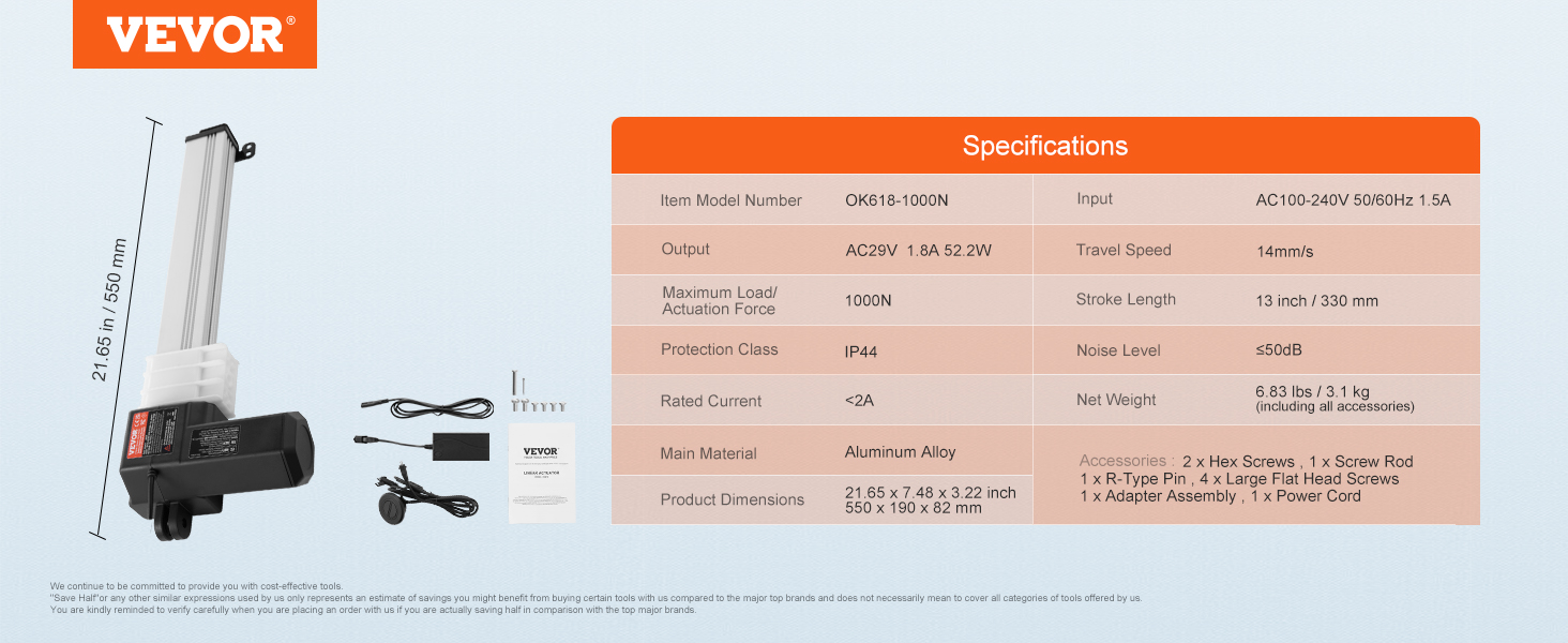 VEVOR 24v linear actuator kit, with specifications and included accessories. dimensions: 21.65 inches.
