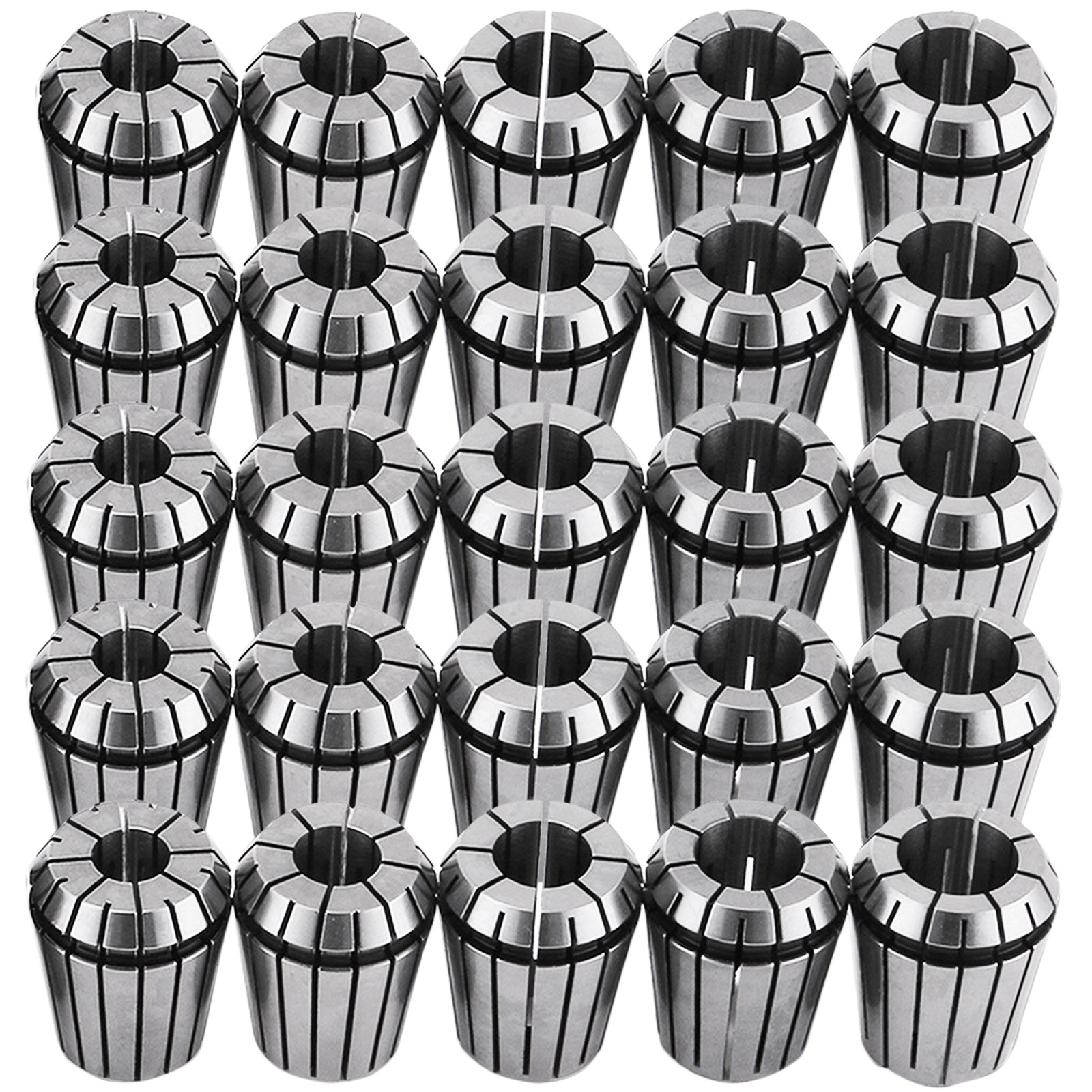 VEVOR er32 collet set in a 5x5 grid arrangement, showcasing shiny metal collets.