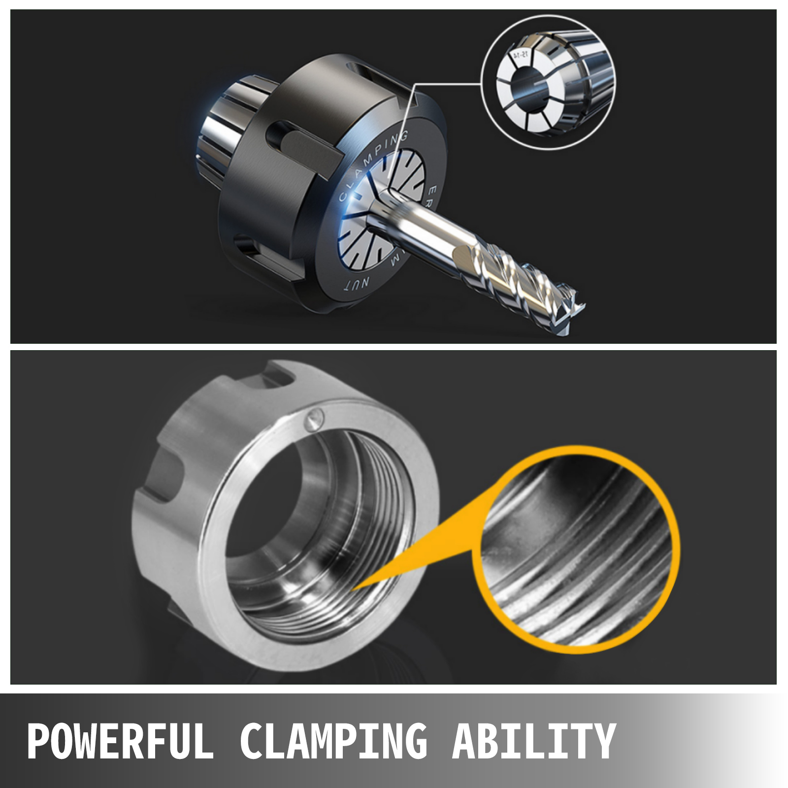 VEVOR er32 collet set with powerful clamping ability and detailed metal structure.