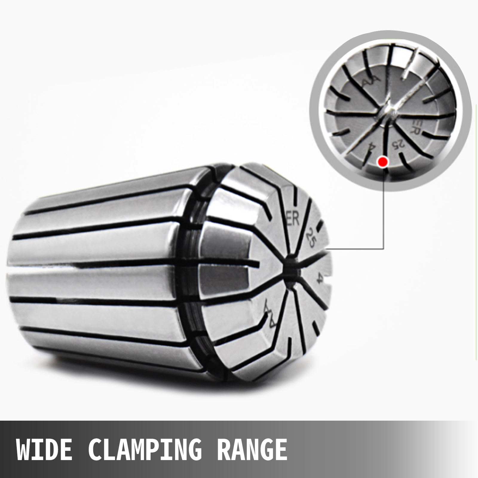 VEVOR er32 collet set with wide clamping range, detailed view included.