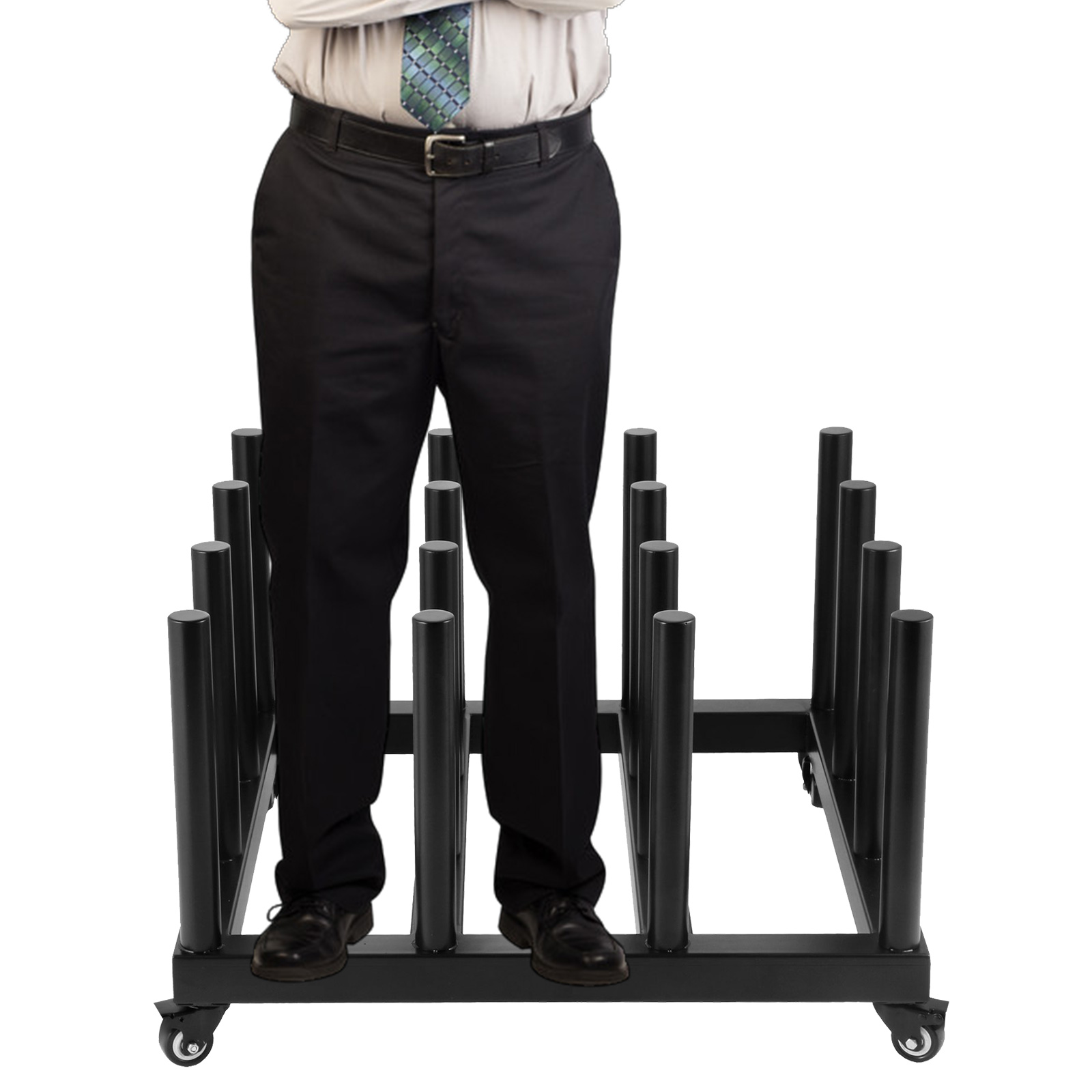 man standing on VEVOR vinyl roll rack with multiple vertical holders and wheels.