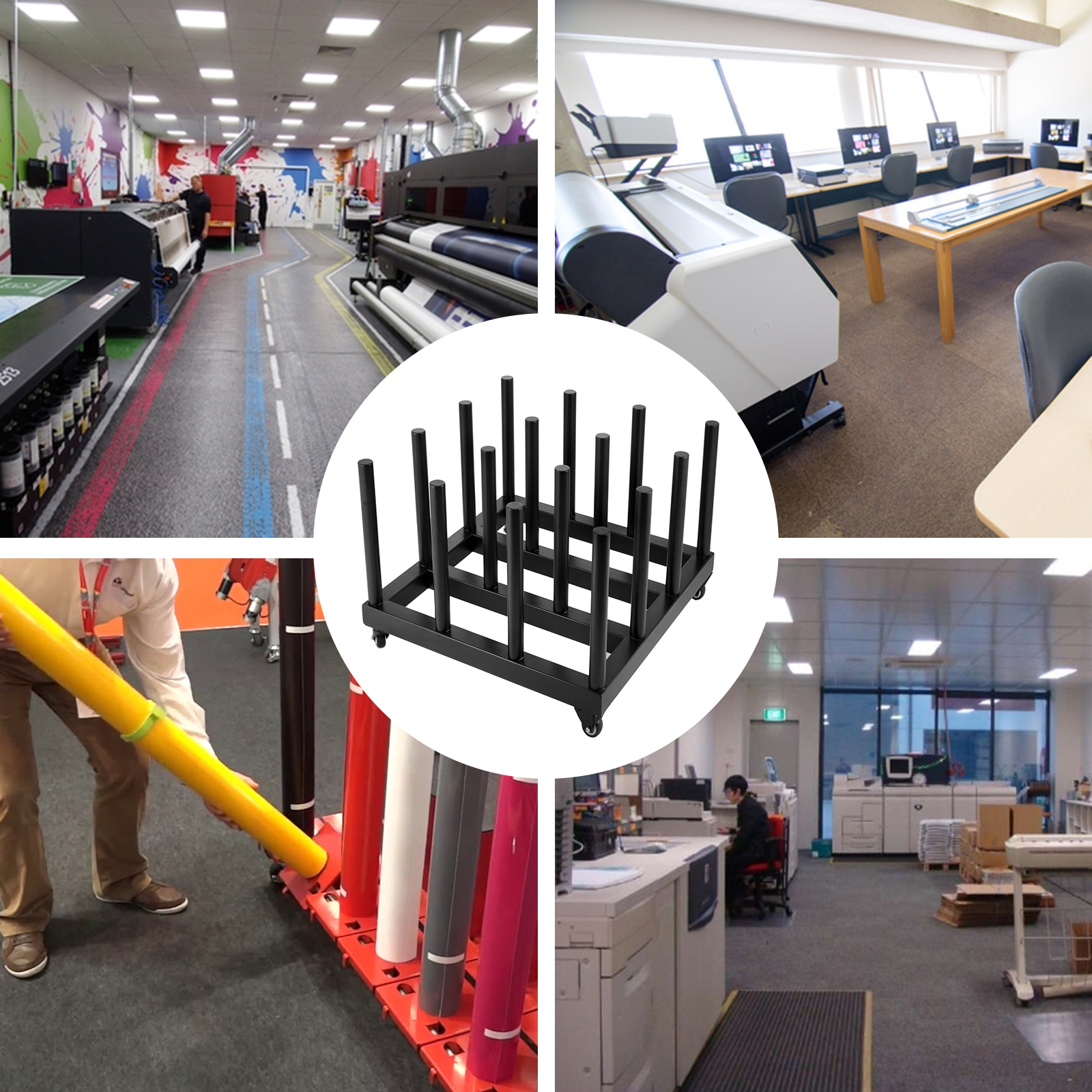 VEVOR vinyl roll rack in various printing office settings with roll management.