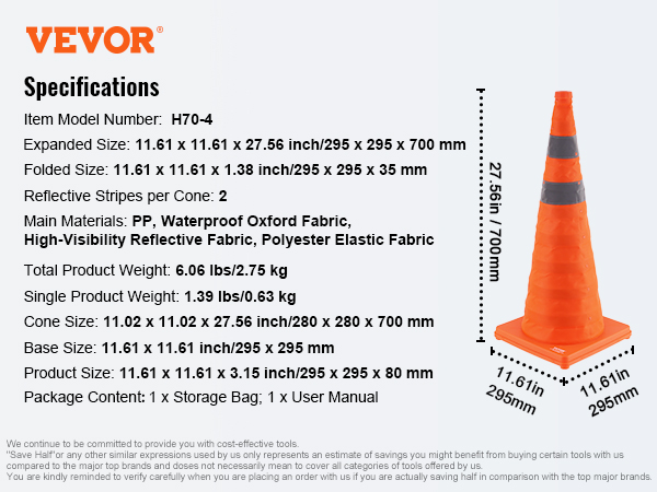 VEVOR safety cones: pp, waterproof oxford fabric, reflective, foldable, 27.56in height, 11.61in base.