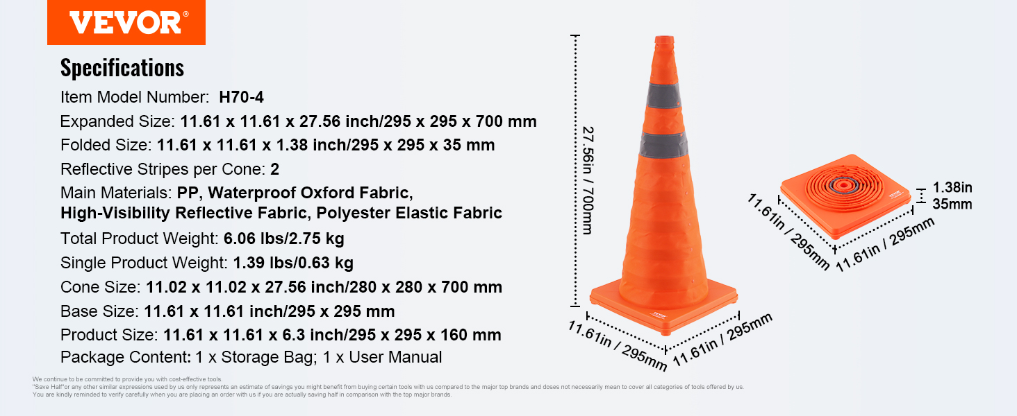 VEVOR safety cones: pp, waterproof oxford fabric, reflective, foldable, 27.56in height, 11.61in base.