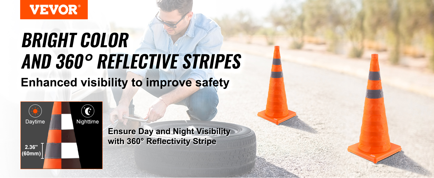 VEVOR safety cones with bright color and 360° reflective stripes for enhanced visibility and safety.