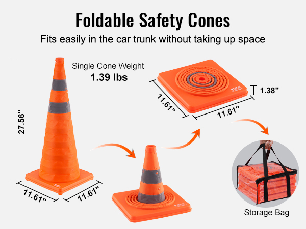 foldable VEVOR safety cones, 27.56" tall, portable, fits car trunk, with storage bag, weighs 1.39 lbs.