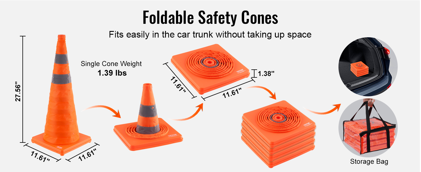 foldable VEVOR safety cones, 27.56" tall, portable, fits car trunk, with storage bag, weighs 1.39 lbs.