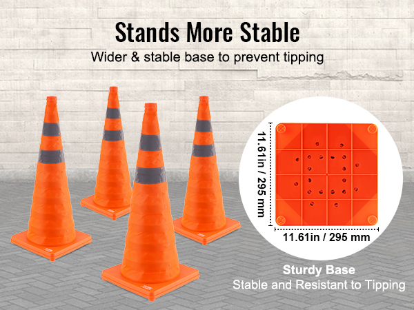 VEVOR safety cones with wider, stable base, shown in orange with reflective bands to prevent tipping.