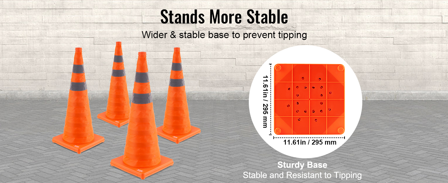 VEVOR safety cones with wider, stable base, shown in orange with reflective bands to prevent tipping.