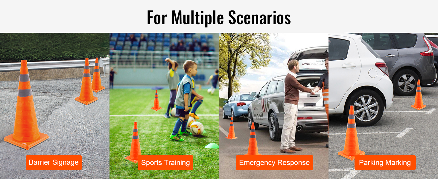 VEVOR safety cones for barrier signage, sports training, emergency response, and parking marking.