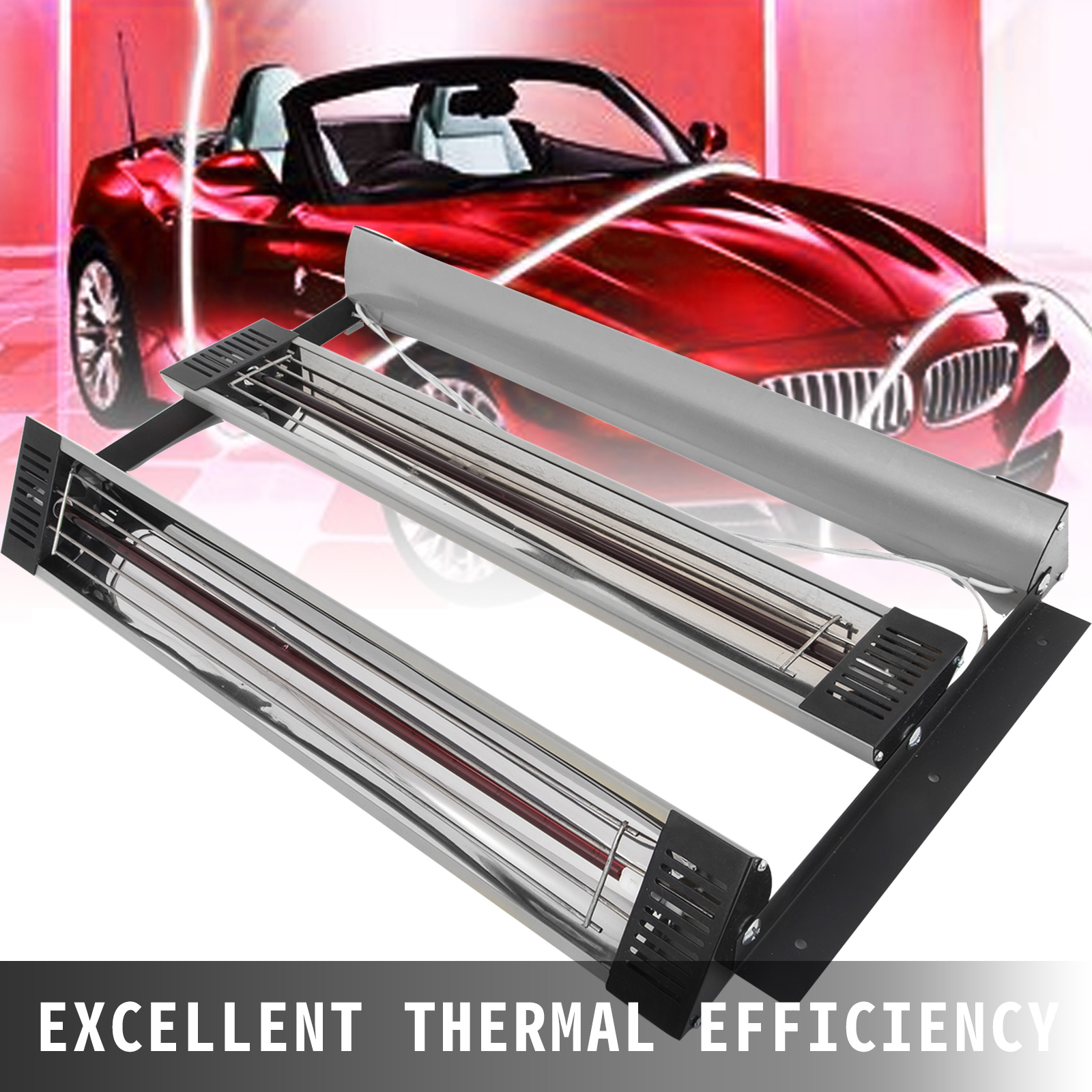 VEVOR paint curing lamp with red convertible car in background, excellent thermal efficiency.