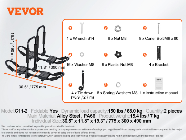 VEVOR kayak roof rack, foldable, alloy steel, holds up to 150 lbs, includes wrench, bolts, and brackets.