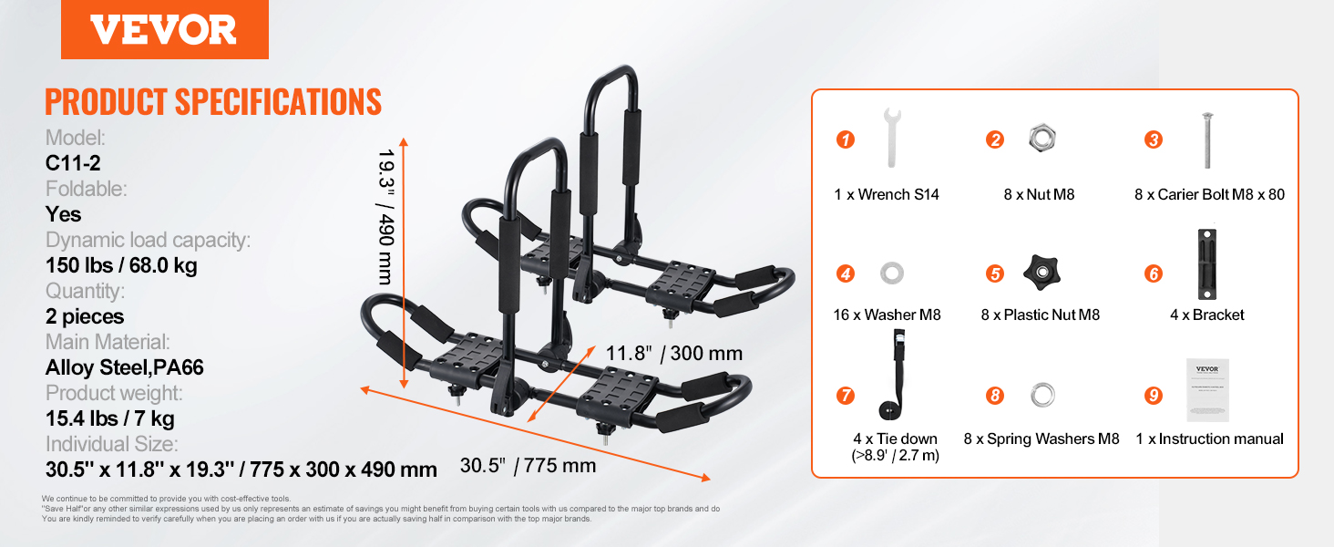 VEVOR kayak roof rack, foldable, alloy steel, holds up to 150 lbs, includes wrench, bolts, and brackets.