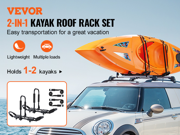VEVOR kayak roof rack on a car with two orange kayaks against a scenic ocean backdrop.